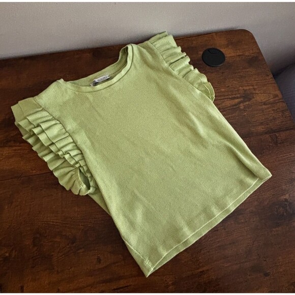 ZARA Lime Green RIBBED KNIT Sleeveless LAYERED RUFFLE Cropped Tank Top Sz Large - Picture 1 of 5